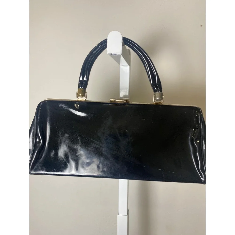 Vintage Black Patent Leather Top Handle Handbag Doctor Bag Mid Century